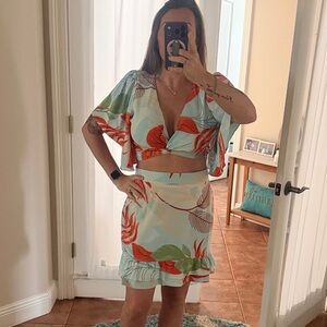Tropical Print Two-Piece Skirt Set